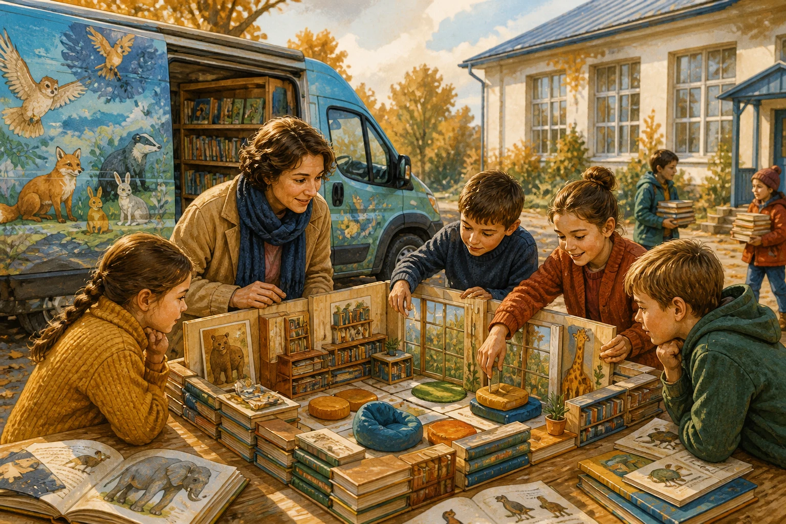 Пересувна бібліотека привозить дітям книжки про тварин у сільську школу — ілюстрація до казки «Бібліотека на колесах для Ноєвого ковчега»