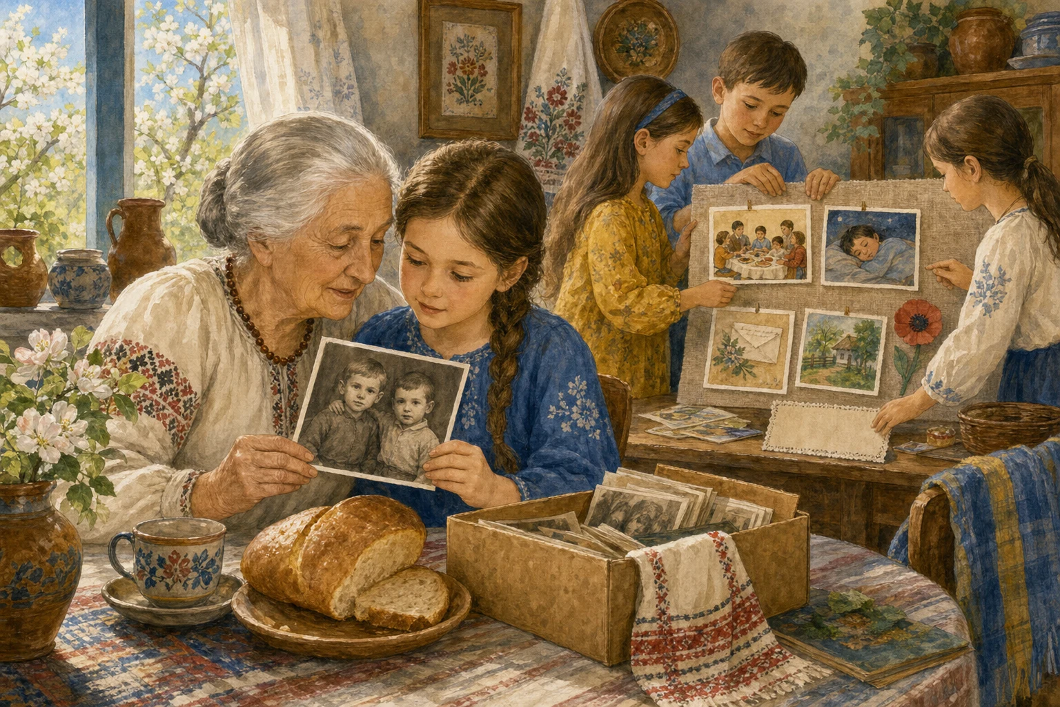 У коробці з родинними світлинами Дарина знаходить фото двох зовсім юних братів. На звороті лише дата й одне слово:… — ілюстрація до казки «Два маки на старій фотографії»