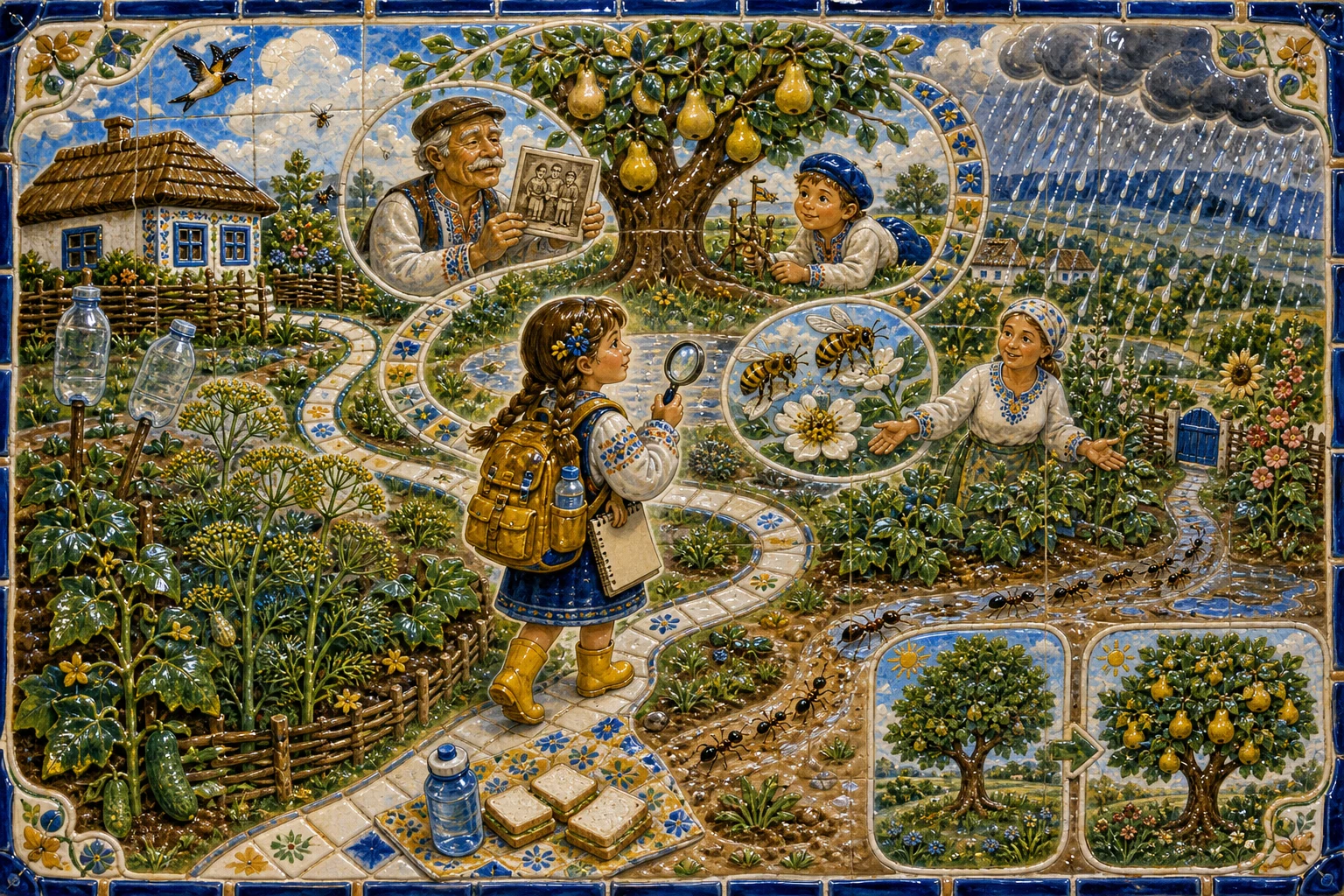 Лада планує велику етнографічну експедицію, але відкриває, що невідоме починається одразу за сараєм, якщо вміти ставити… — ілюстрація до казки «Експедиція на кінець городу»