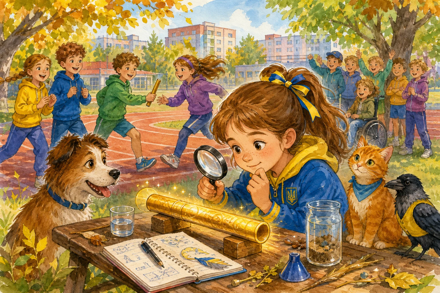 Уляна прийшла не шукати пригод, а допомогти впорядкувати дівчинка біжить з естафетною паличкою, довкола команди й осінній парк. Перший… — ілюстрація до казки «Естафетна паличка»
