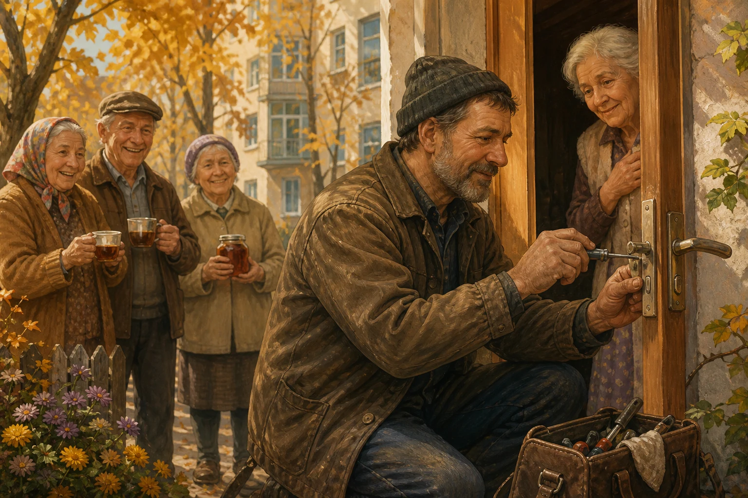 «Ключ, що відкривав будь-які двері добра» показує сцену «майстер передає сусідам ключ біля відремонтованих дверей»,… — ілюстрація до казки «Ключ, що відкривав будь-які двері добра»
