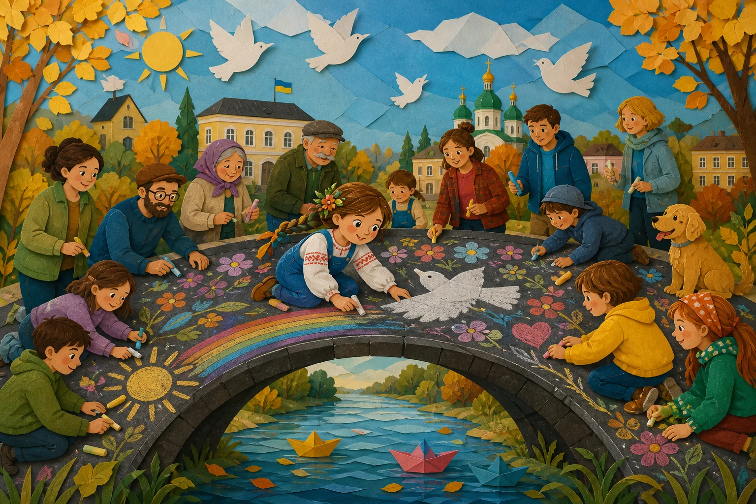 Для сюжету «Крейдяний міст» визначальною стає мить, коли Марійка розуміє: кожна команда домальовувала міст лише зі свого берега. Вихід —… — ілюстрація до казки «Крейдяний міст»