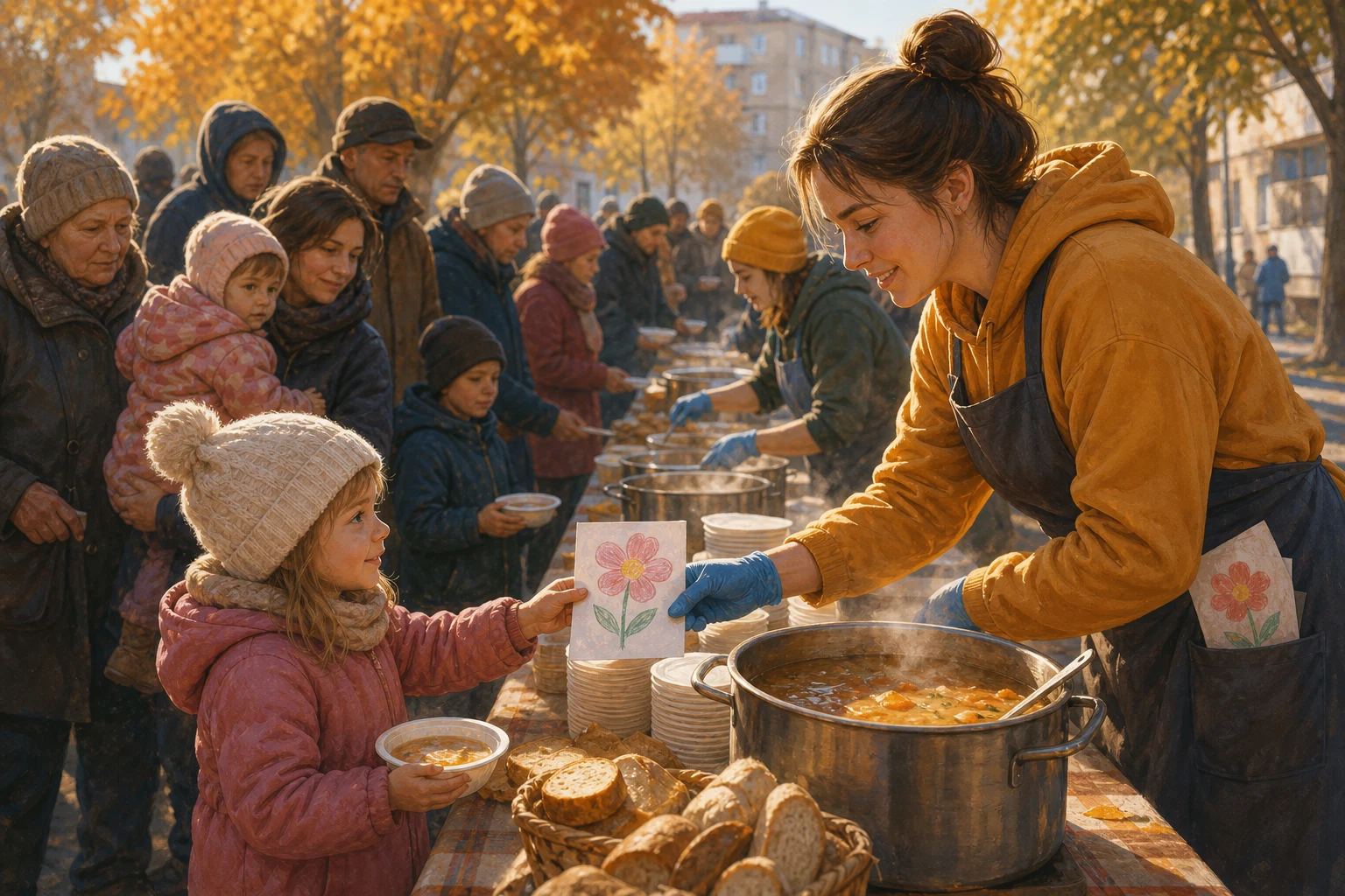 Практична перешкода «черга залишала літніх людей на холодному вітрі» не зникає від чарів; у «Кухня просто неба для… — ілюстрація до казки «Кухня просто неба для переселенців»