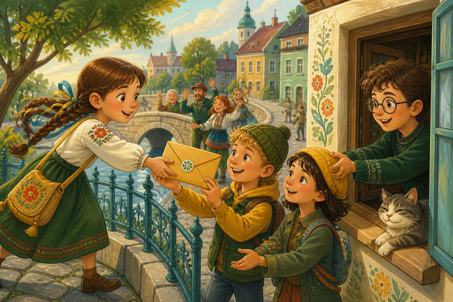 Яринка відстежує лист через три кордони, доки розуміє, що дипломатична доставка потребує терпіння й захисту даних — ілюстрація до казки «Лист через три кордони»