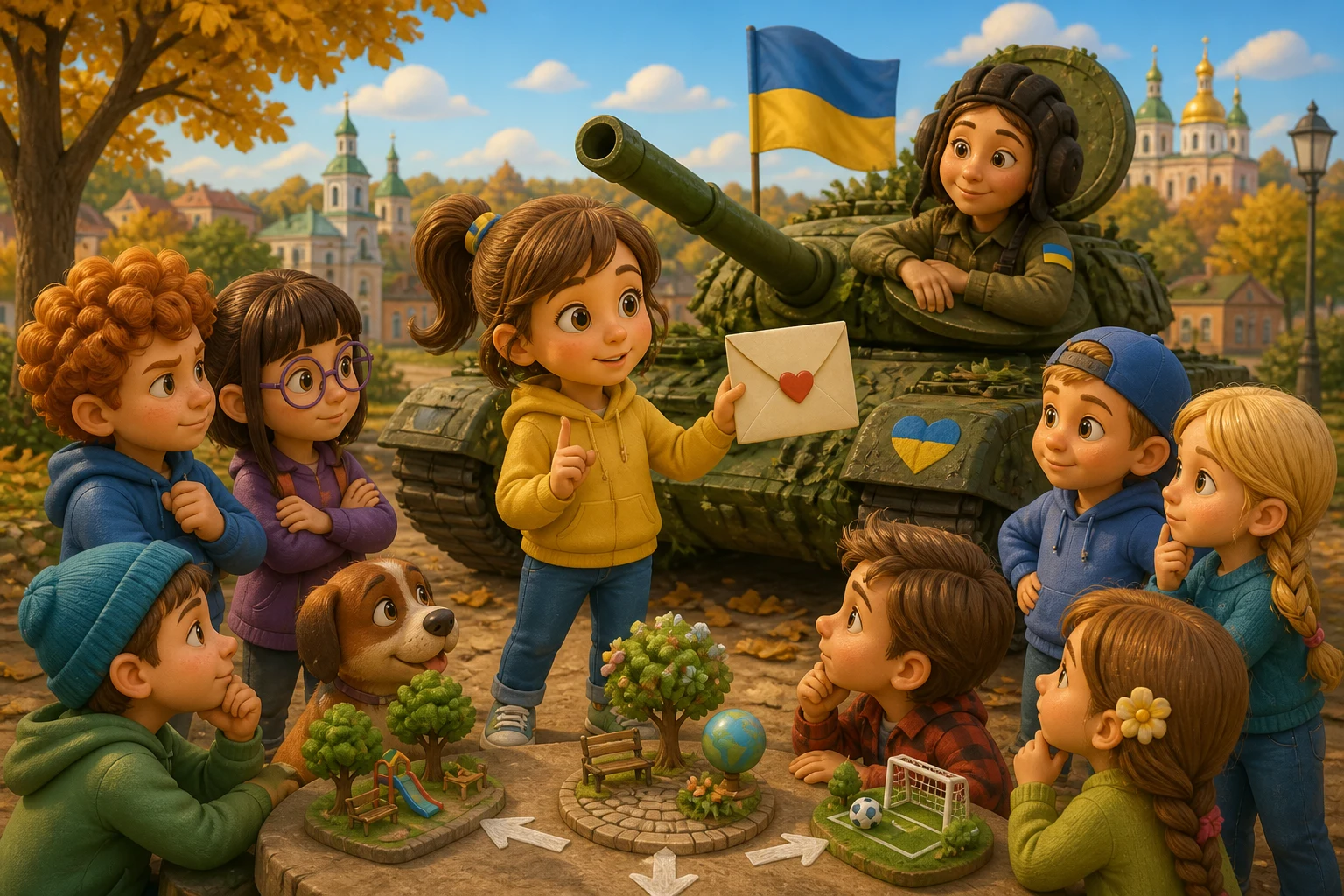 Навколо образів «дівчинка читає лист біля моделі танка, діти й військові на майдані» Злата вибудовує новий план, бо в казці «Лист танкістці»… — ілюстрація до казки «Лист танкістці»