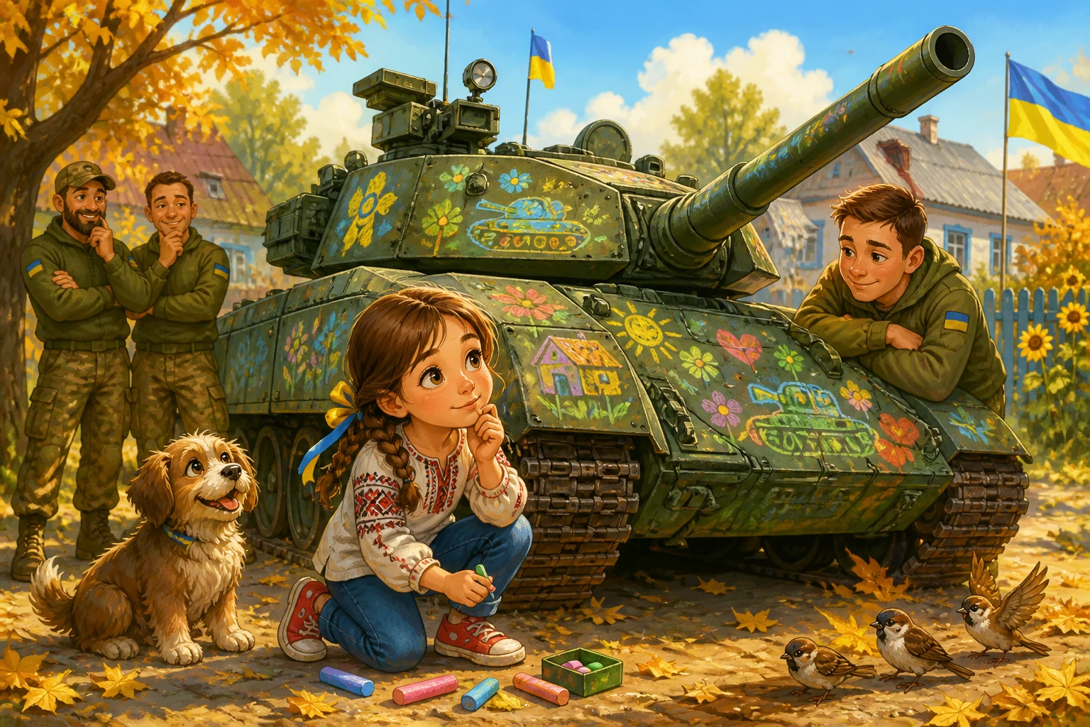 Розв’язка «малюнки перенесли на знімні магнітні панелі» виростає з уважності героїні Марійки, коли в історії «Малюнок на броні» стає… — ілюстрація до казки «Малюнок на броні»