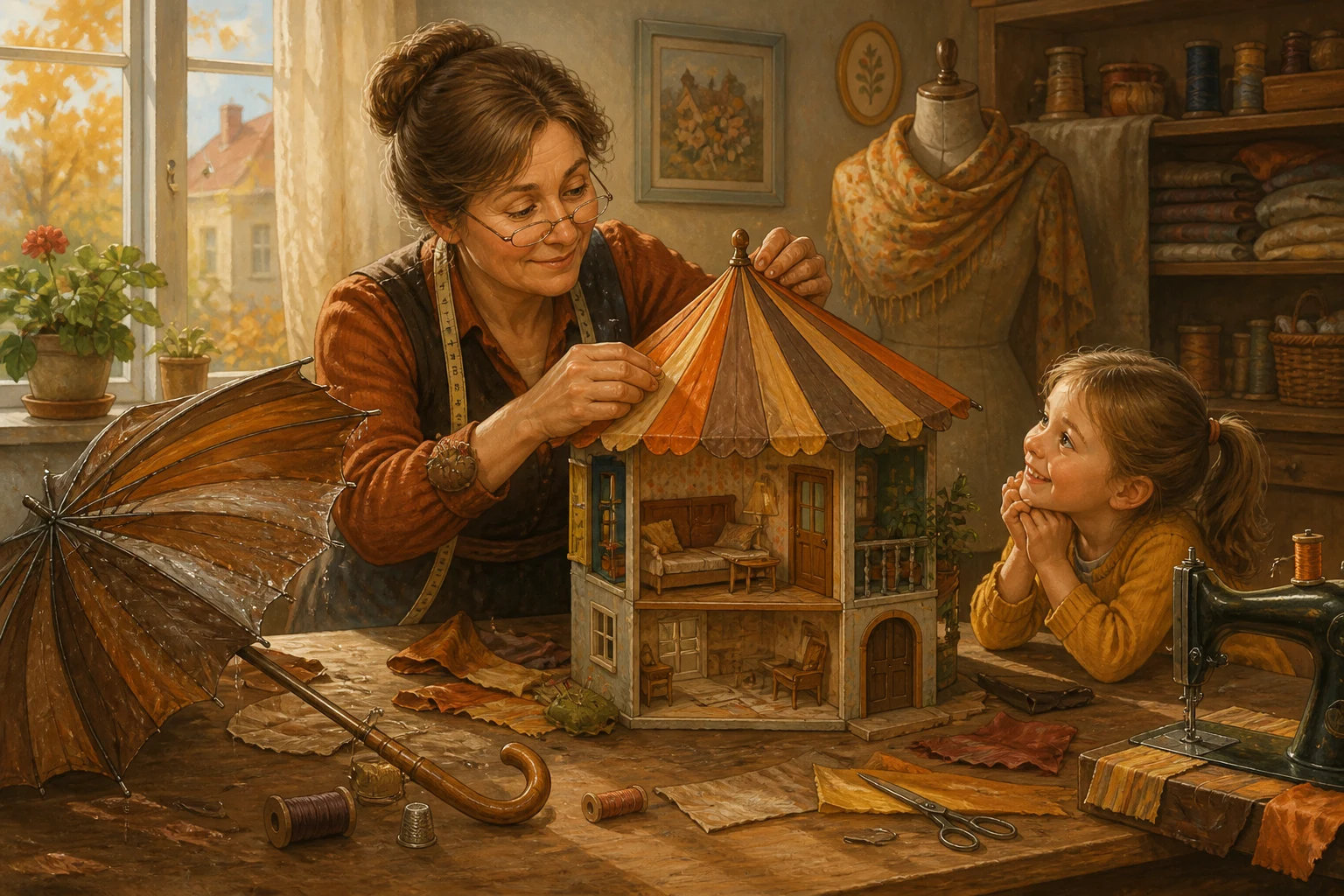 Розв’язка була конкретною: спицю замінили легкою рейкою, а клапоть із діркою став віконцем — ілюстрація до казки «Нитка для дощової парасольки»