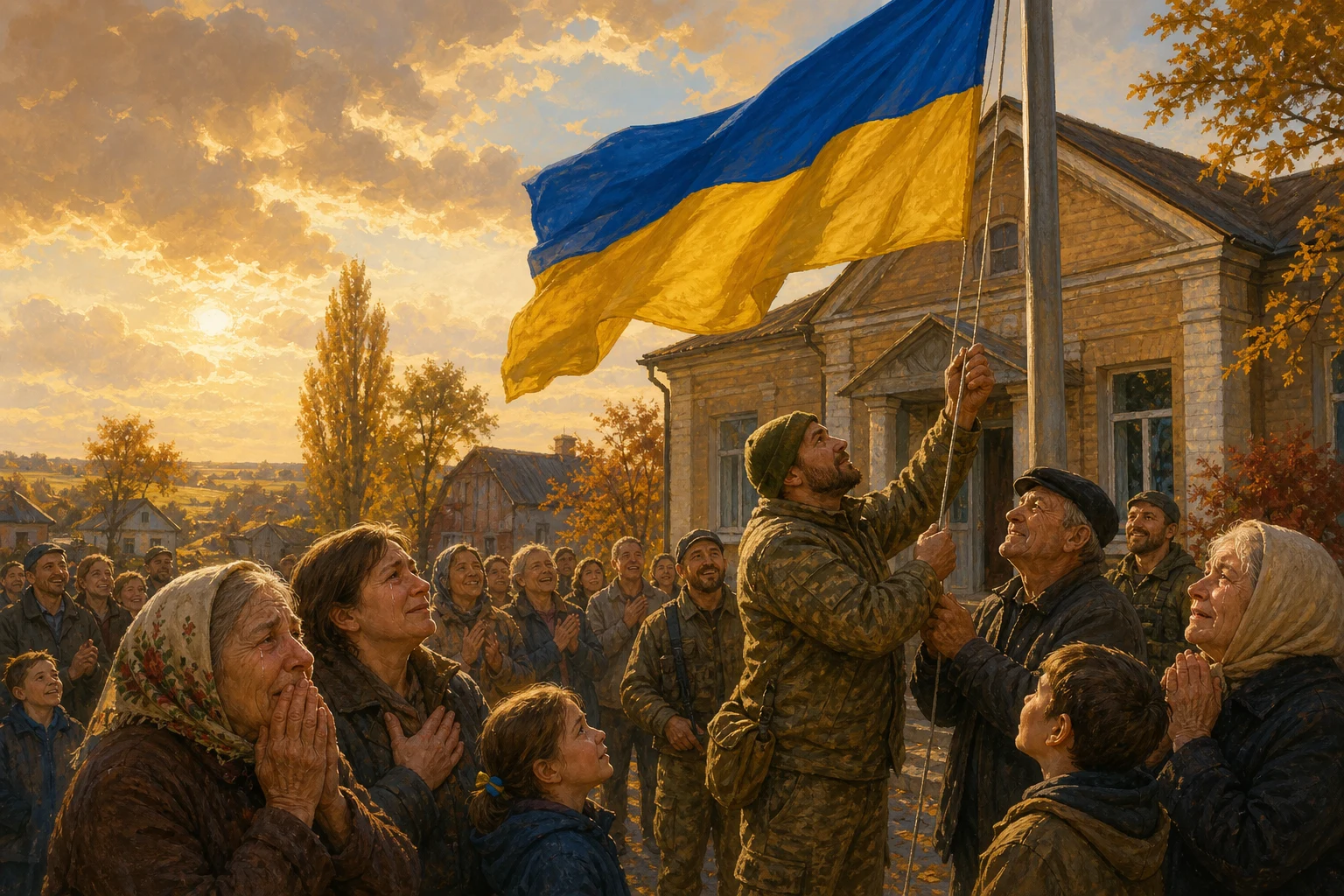 Найтихішим місцем того ранку виявилася сцена з такими деталями: мешканці підіймають український прапор над звільненим селом.… — ілюстрація до казки «Прапор над звільненим селом»