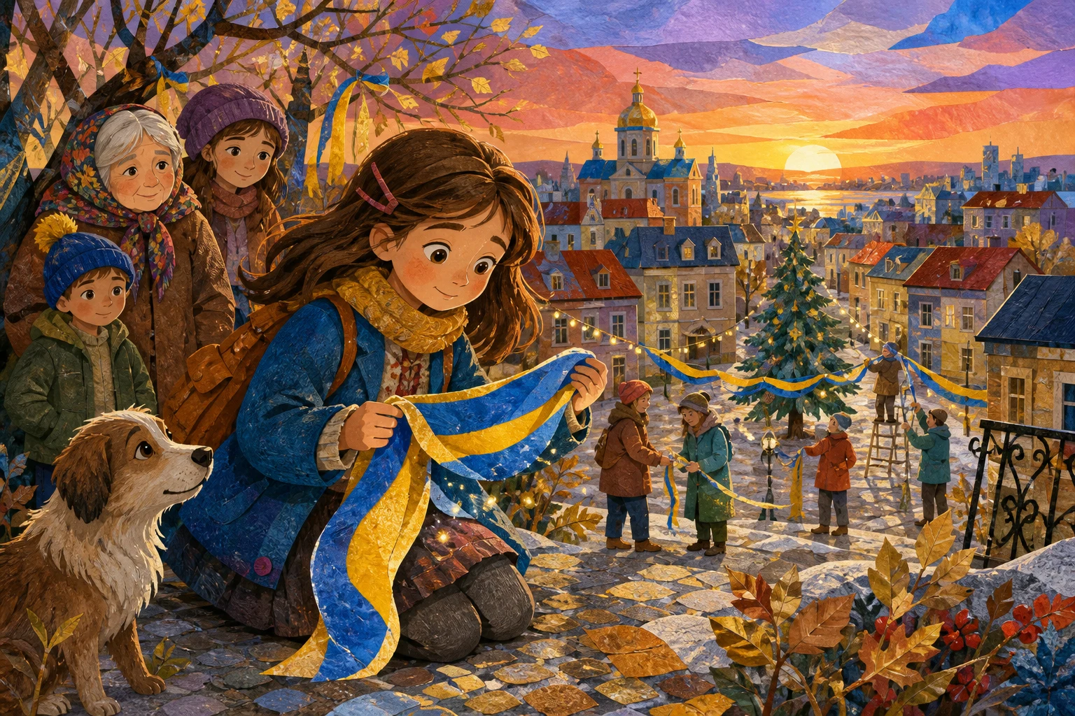 Уляна організовує «Стрічка гідності» як реальну спільну справу: діти збирають проблеми, розподіляють їх за складністю й доводять одну… — ілюстрація до казки «Стрічка гідності»