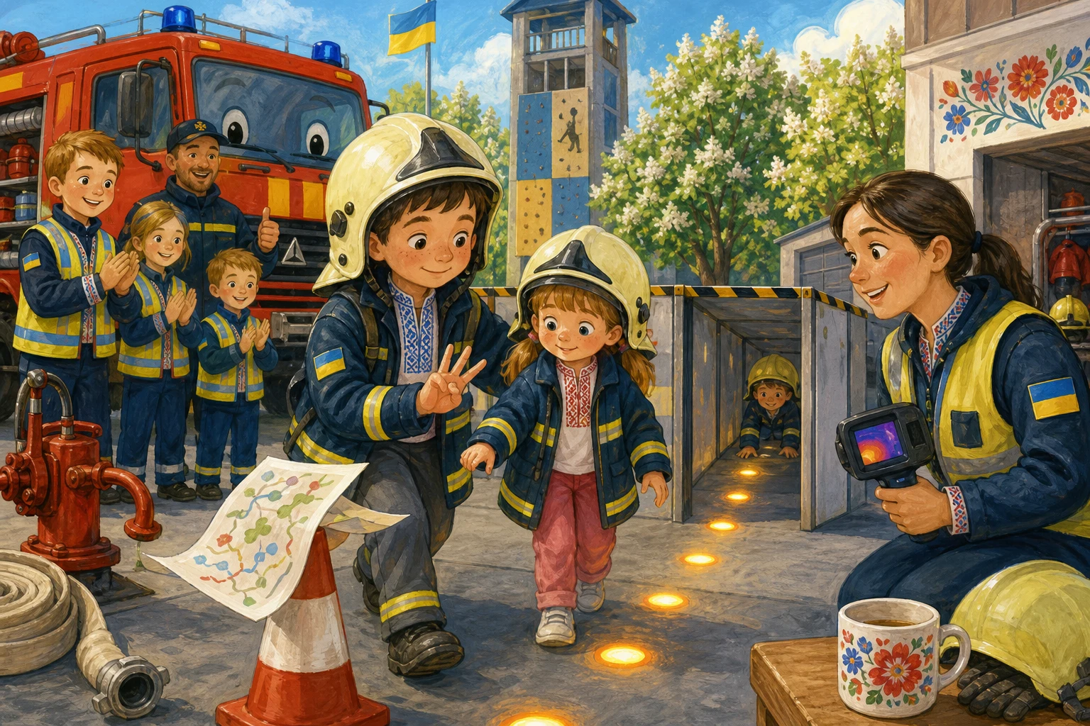 Коли на навчальній пожежній вежі раптом загуркотіла стара ручна сирена, Назар саме приміряв каску на екскурсії. Дорослі не… — ілюстрація до казки «Сирена на пожежній вежі»