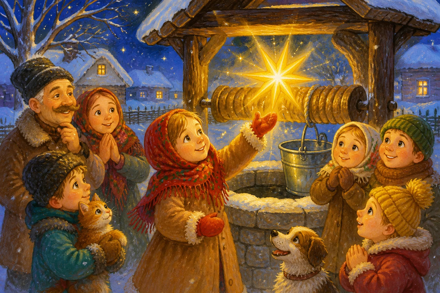 Даринка бачить зорю в старій криниці й підозрює диво, але знаходить відбиття лампи та все одно зберігає тиху родинну сцену — ілюстрація до казки «Зоря над криницею»